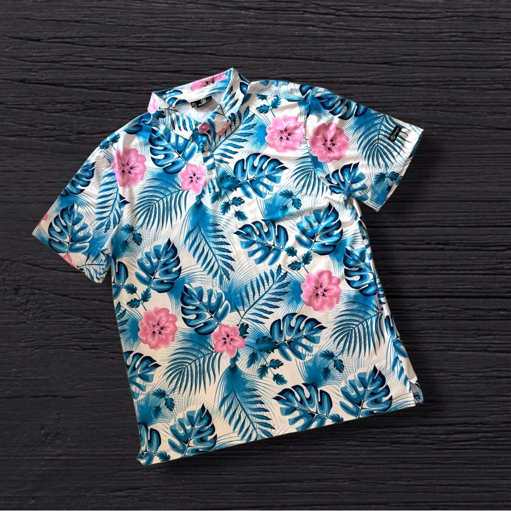 GreenSide Golf Polo Shirt Men’s XXL Blue Pink Floral Tropical Hawaiian Print